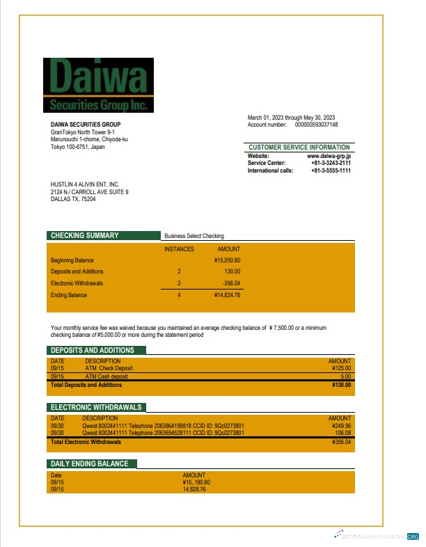 Download Daiwa Securities Group business bank statement Word and PDF template Photoshop template